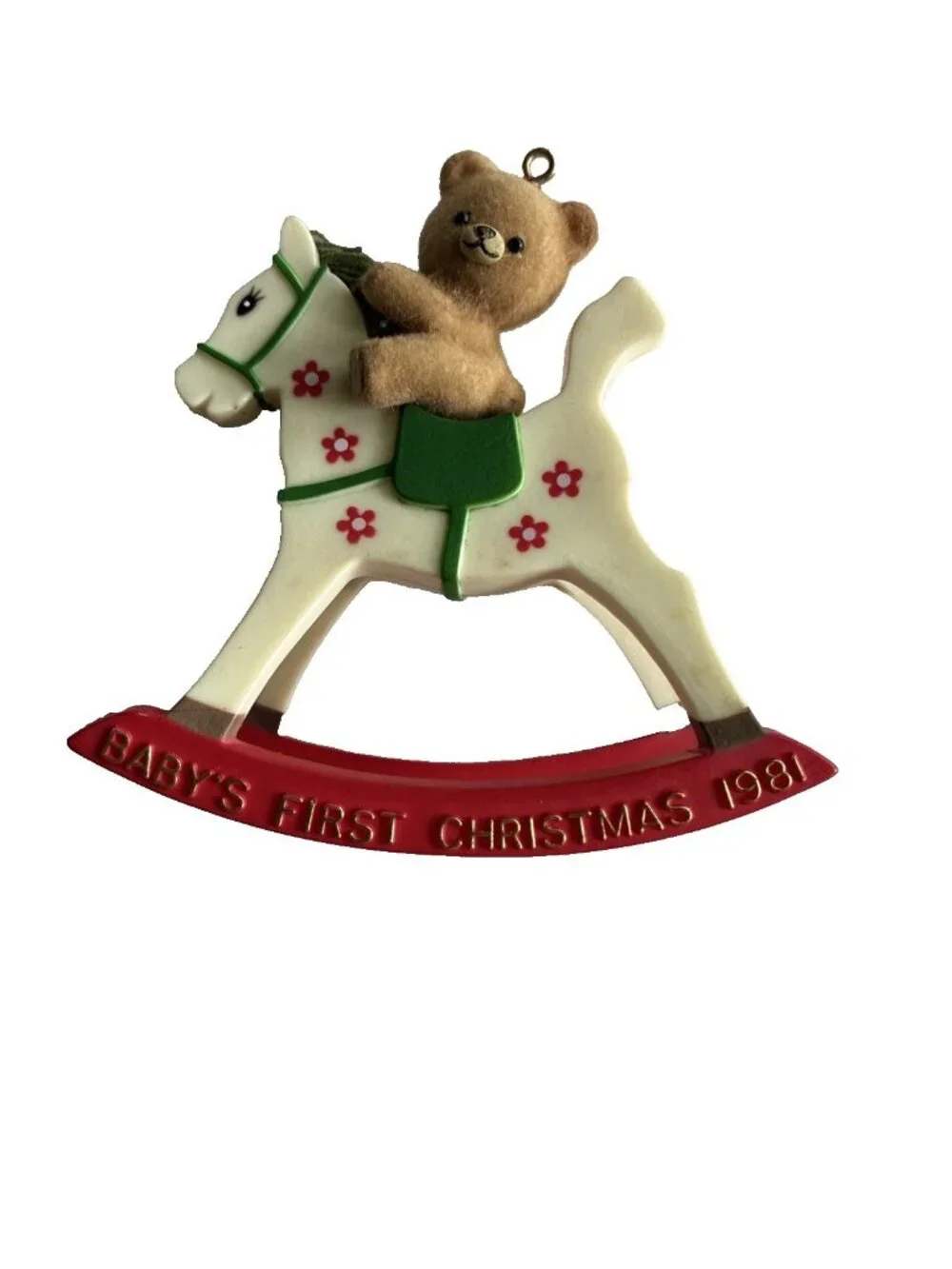 Vintage 1981 Babys First Christmas Teddy Bear Rocking Horse Ornament Flocked